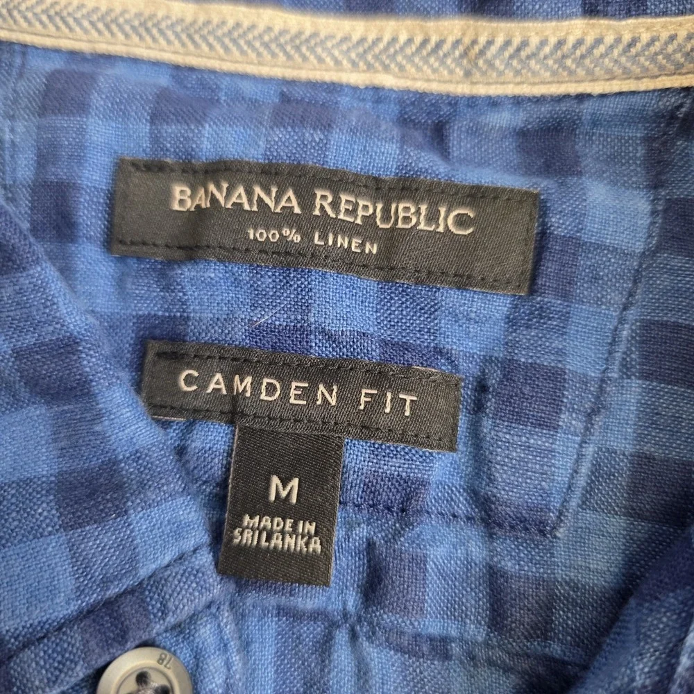 Banana Republic Shirt Men Medium Blue Check Linen Camden Fit Short Sleeve Button